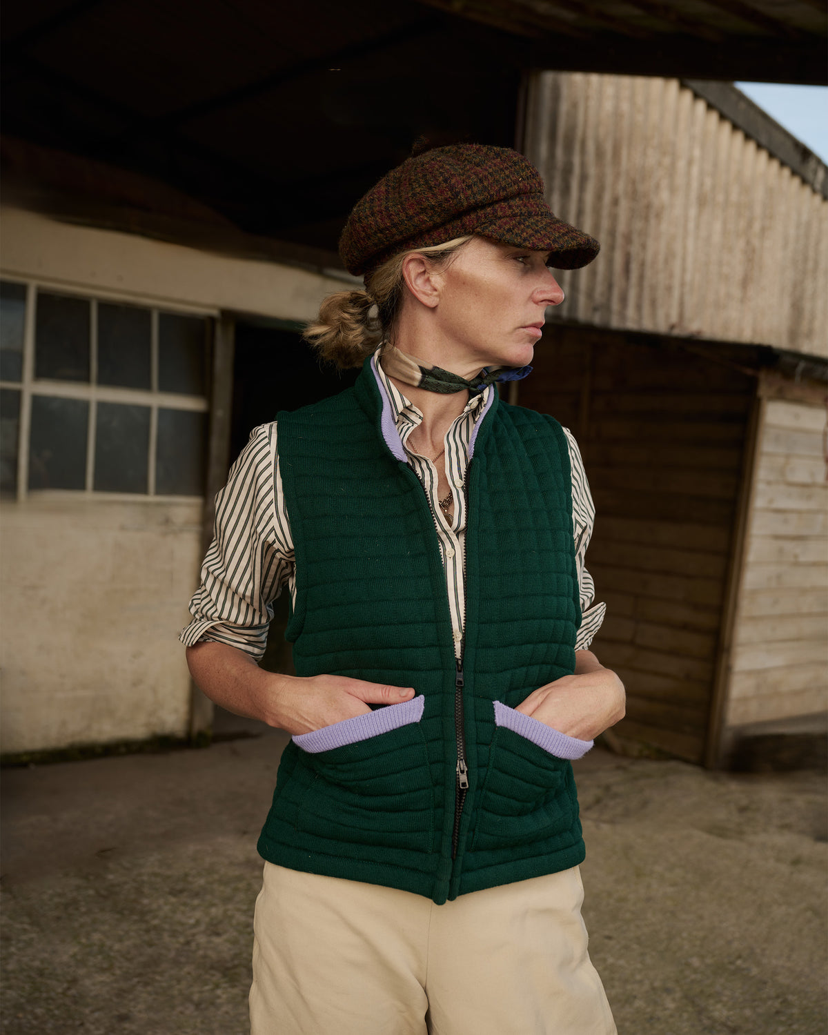Thermatex Ladies Gilet in Bottle & Lavender worn outdoors