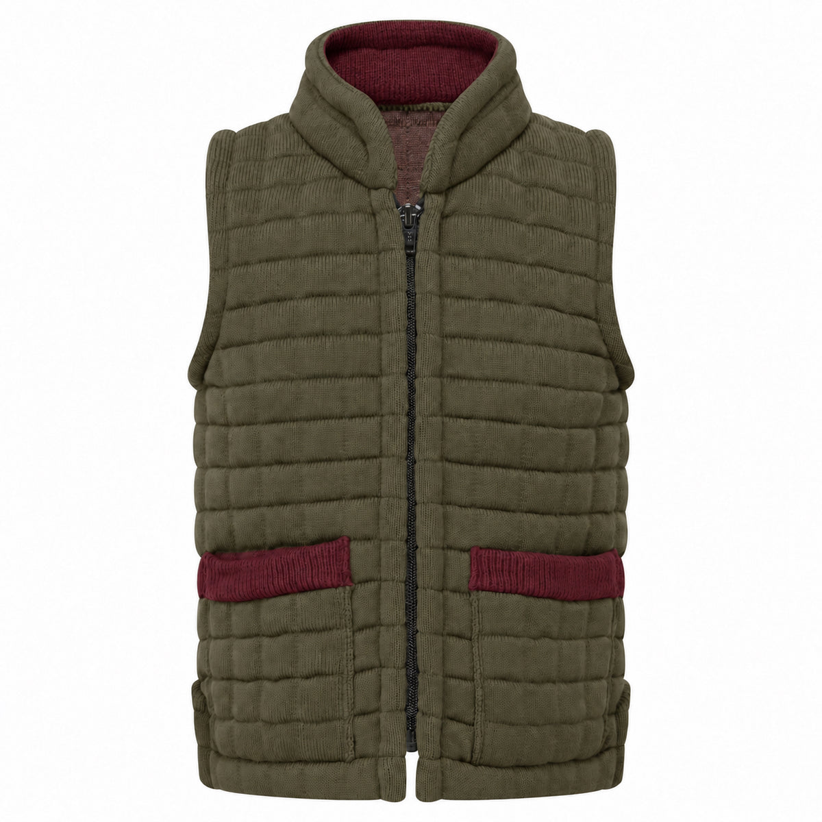 Thermatex Childs Gilet in Khaki with Burgundy trim #Trim colour_Burgundy