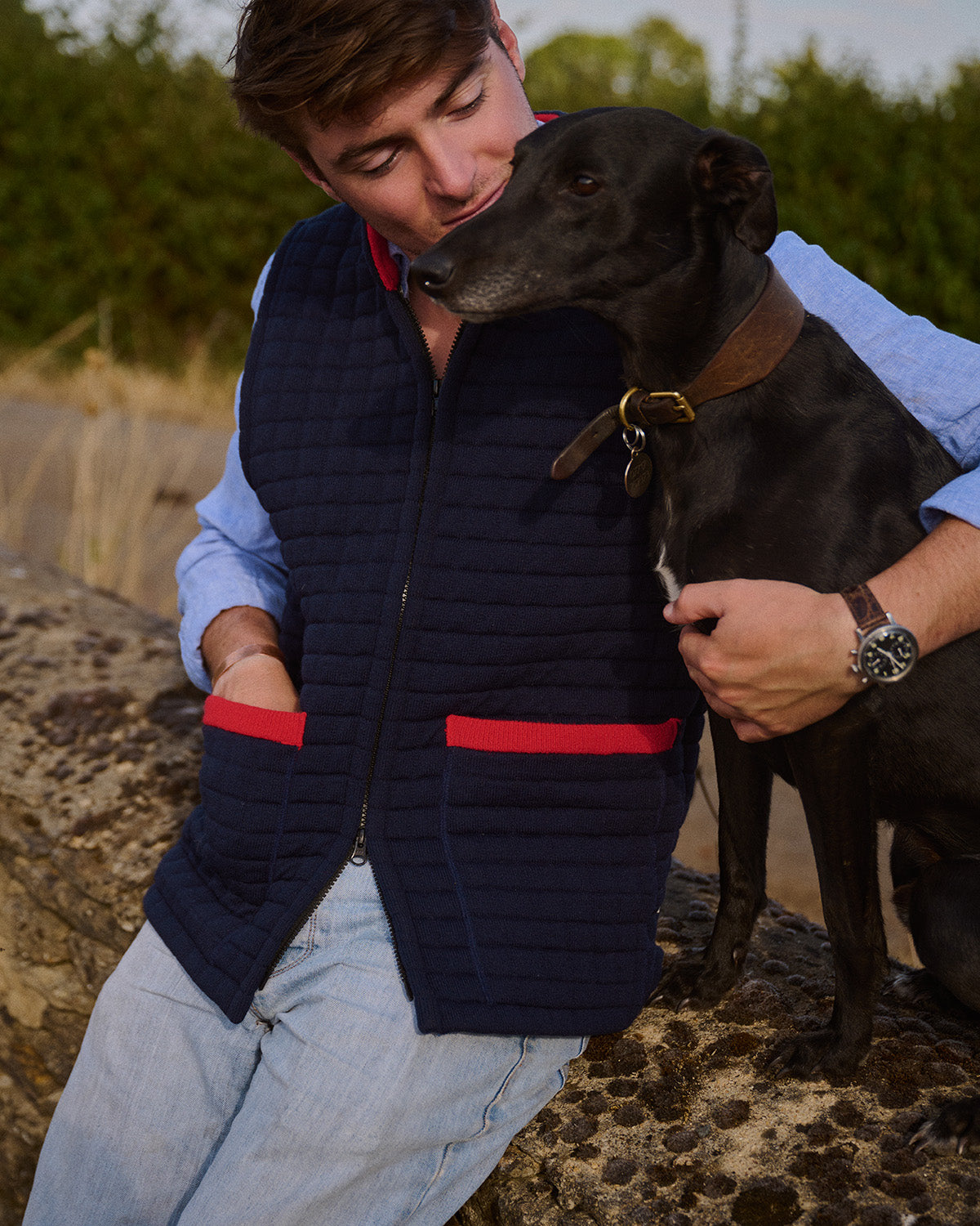 Thermatex Unisex Gilet in Navy & Red worn outdoors