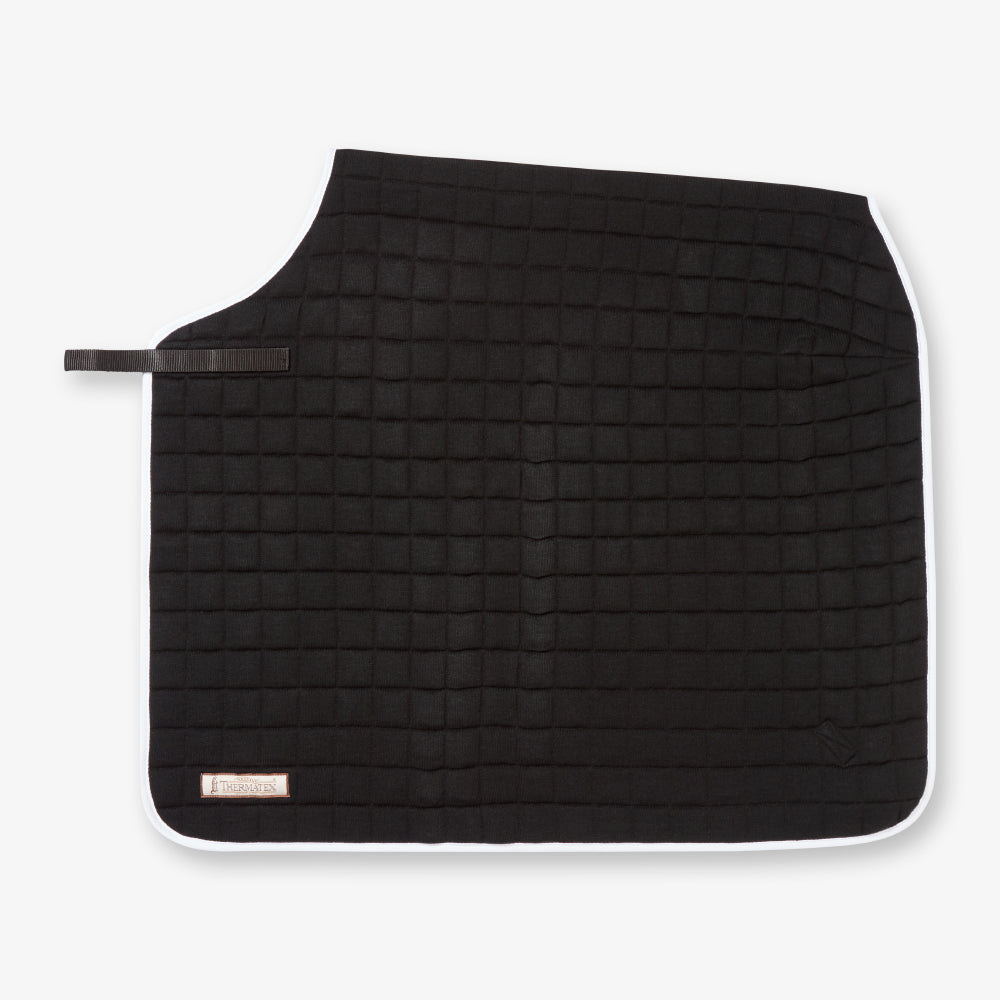 Thermatex Quarter Rug in Black with white binding, side view
