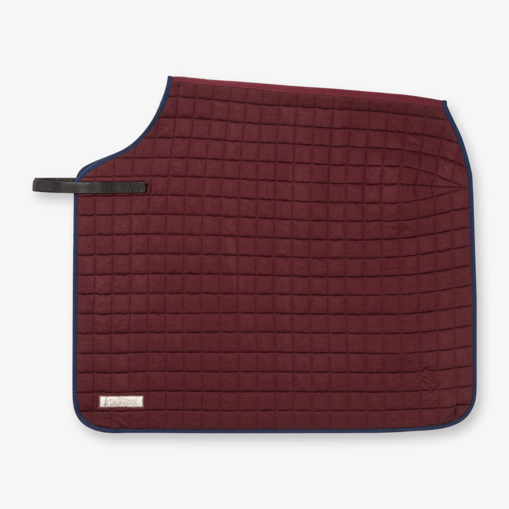 Thermatex Quarter Rug in Claret with navy binding, side view