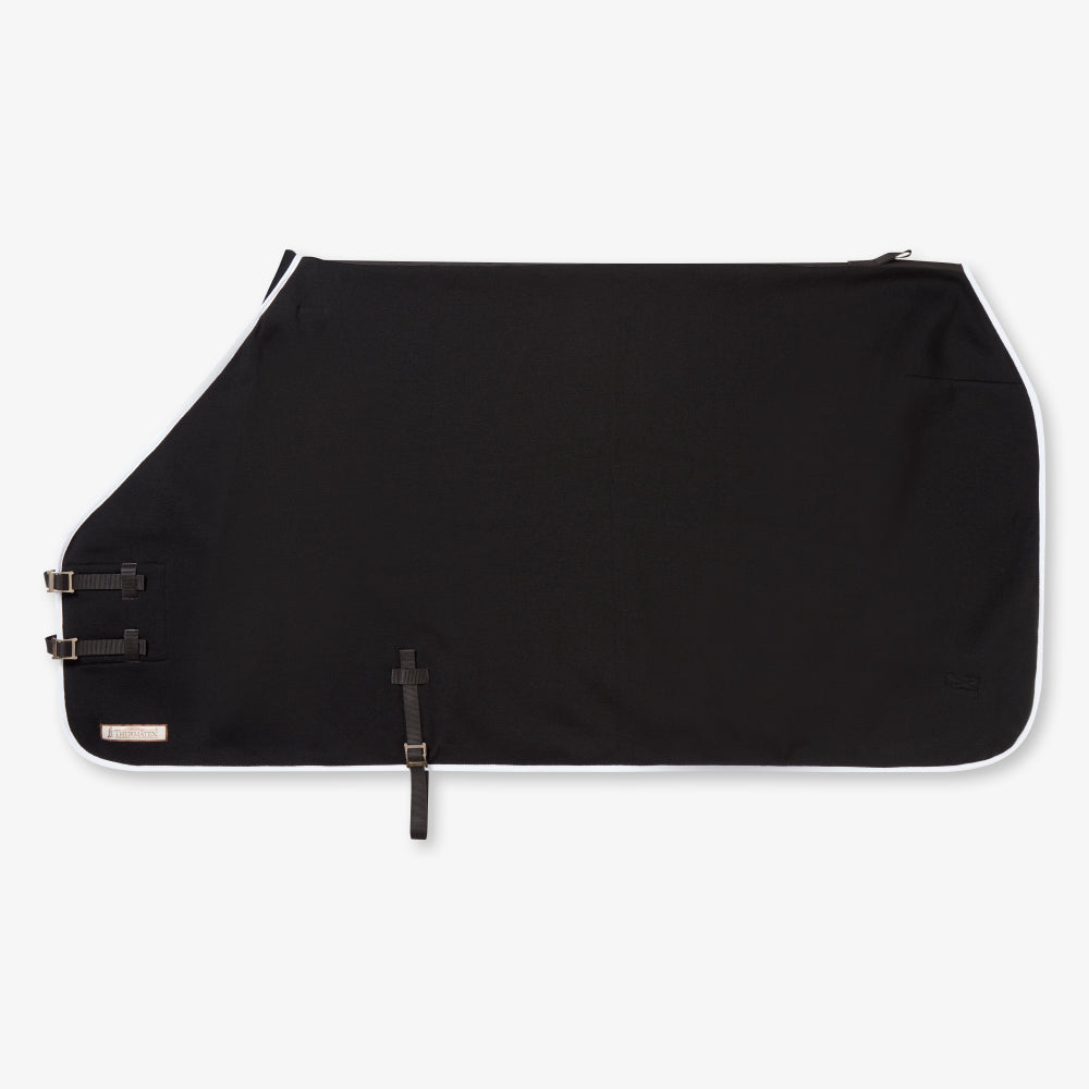 Thermatex Lightweight Cooler Rug in Black with white binding, side view