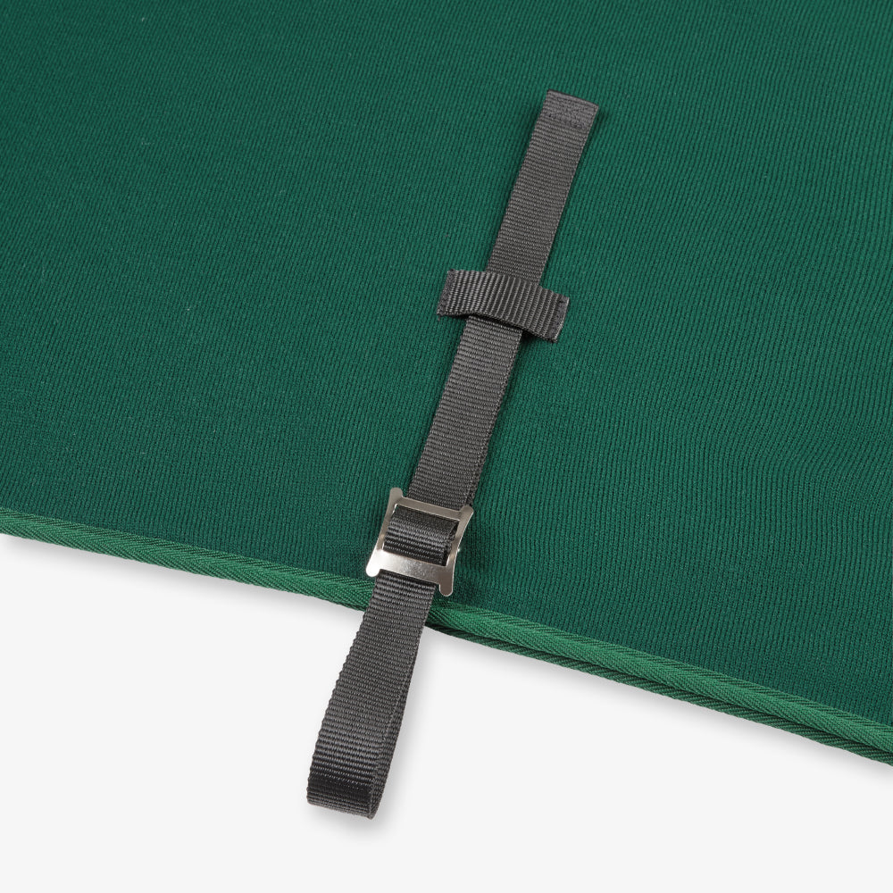 Thermatex Lightweight Cooler Rug in Bottle Green with dark green binding, close-up of belly strap