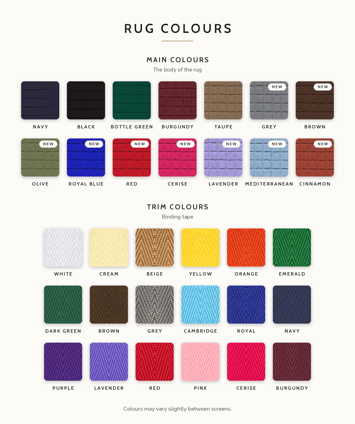 Thermatex 2026 shade card showing rug and binding colours