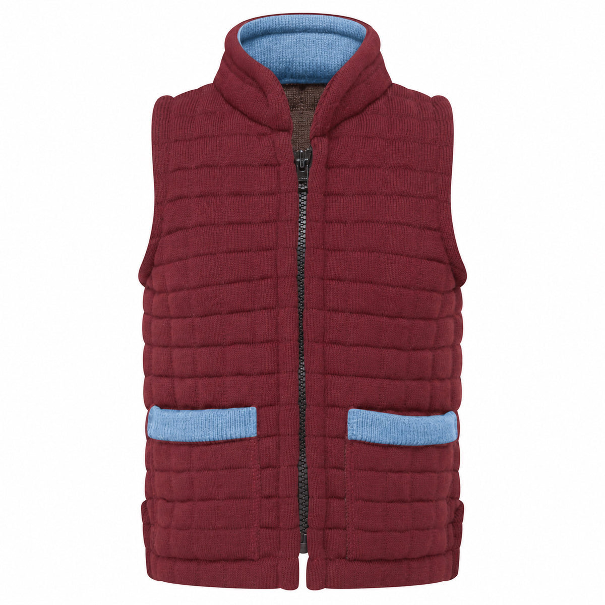 Thermatex Childs Gilet in Burgundy with Mediterranean trim #Trim colour_Mediterranean