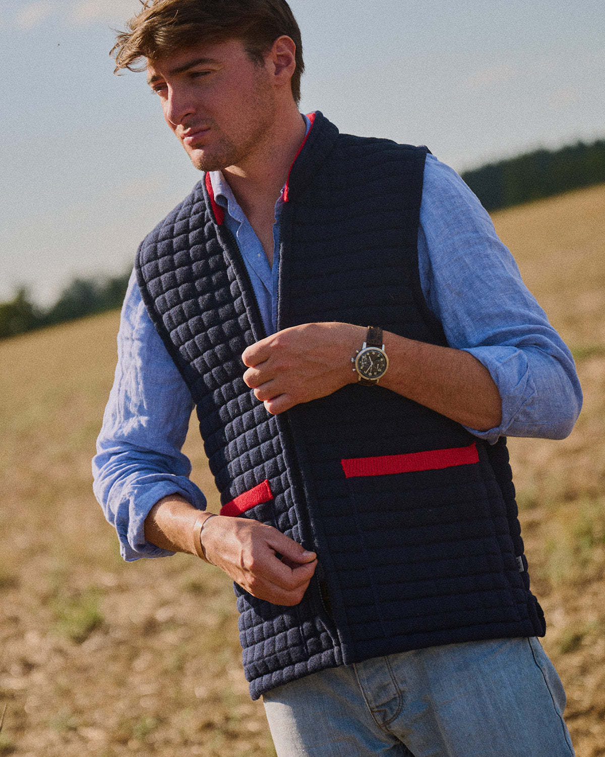 Thermatex Unisex Gilet in Navy & Red worn outdoors