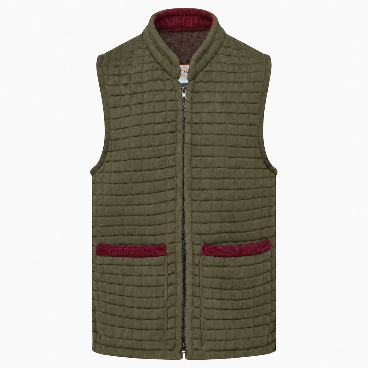 Thermatex Ladies Gilet in Khaki with Burgundy trim #Trim colour_Burgundy