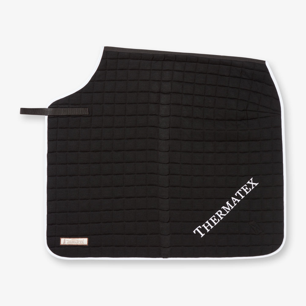 Thermatex Quarter Rug in Black with white binding, side view, with embroidery