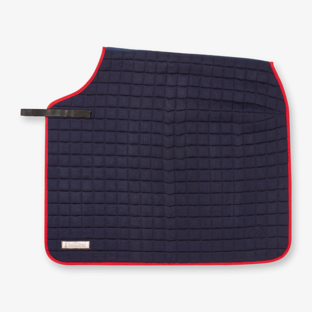 Thermatex Quarter Rug in Navy with red binding, side view