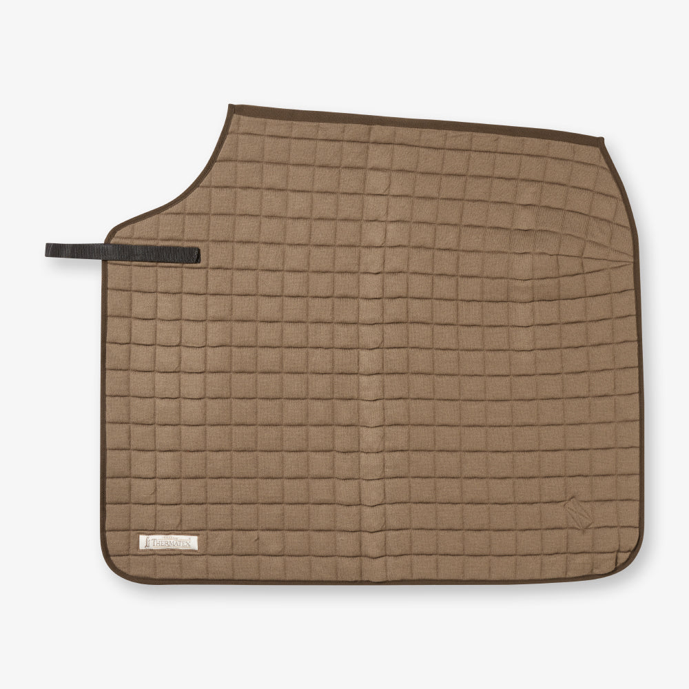 Thermatex Quarter Rug in Taupe with brown binding, side view