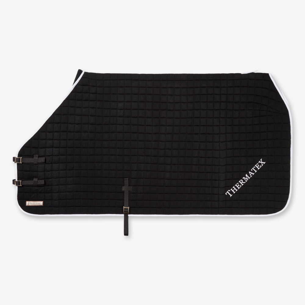 Thermatex Original Cooler Rug in Black with white binding, side view, with embroidery