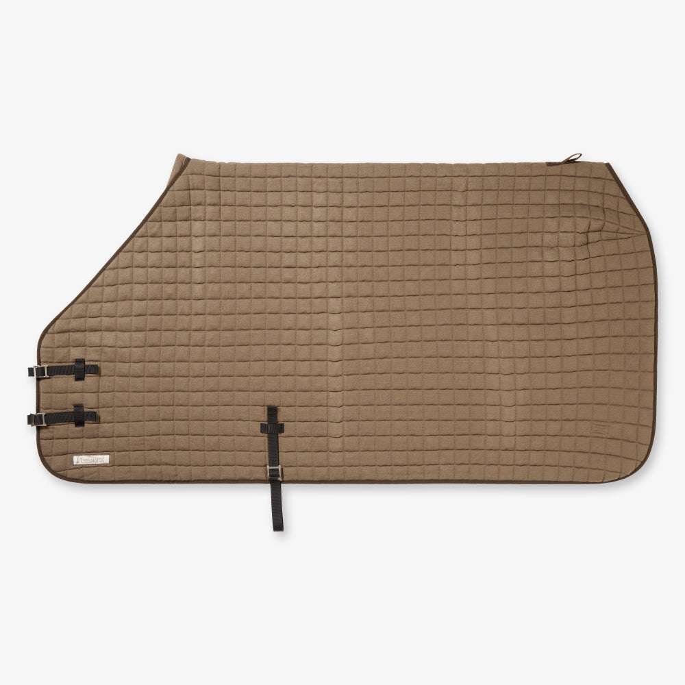 Thermatex Original Cooler Rug in Taupe with brown binding, side view