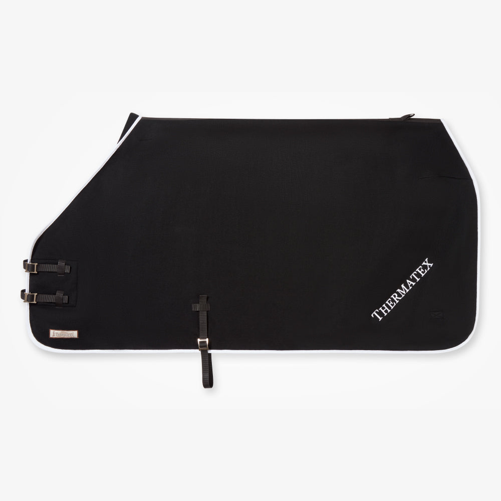 Thermatex Lightweight Cooler Rug in Black with white binding, side view, with embroidery