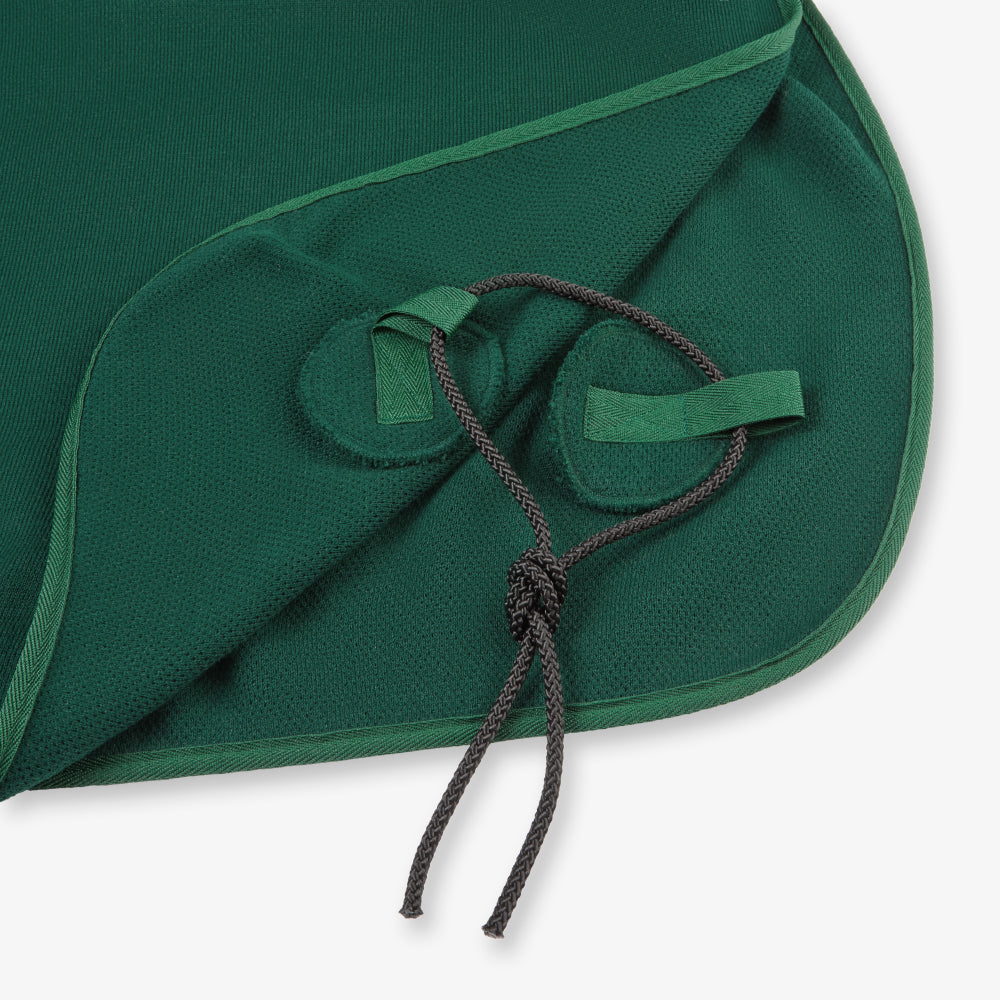 Thermatex Lightweight Cooler Rug in Bottle Green with dark green binding, close-up of tail loops and under-tail strap