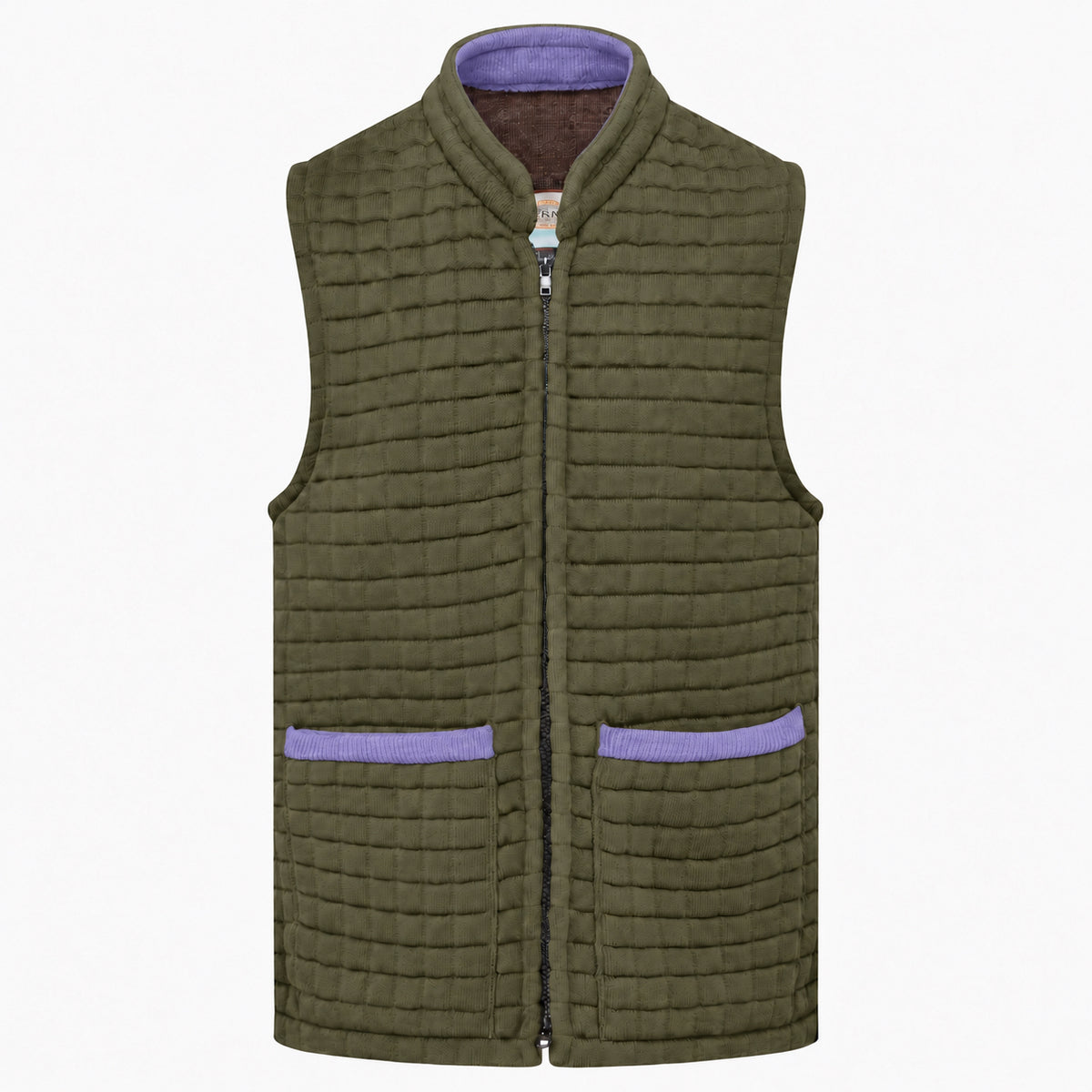 Thermatex Unisex Gilet in Khaki with Lavender trim #Trim colour_Lavender
